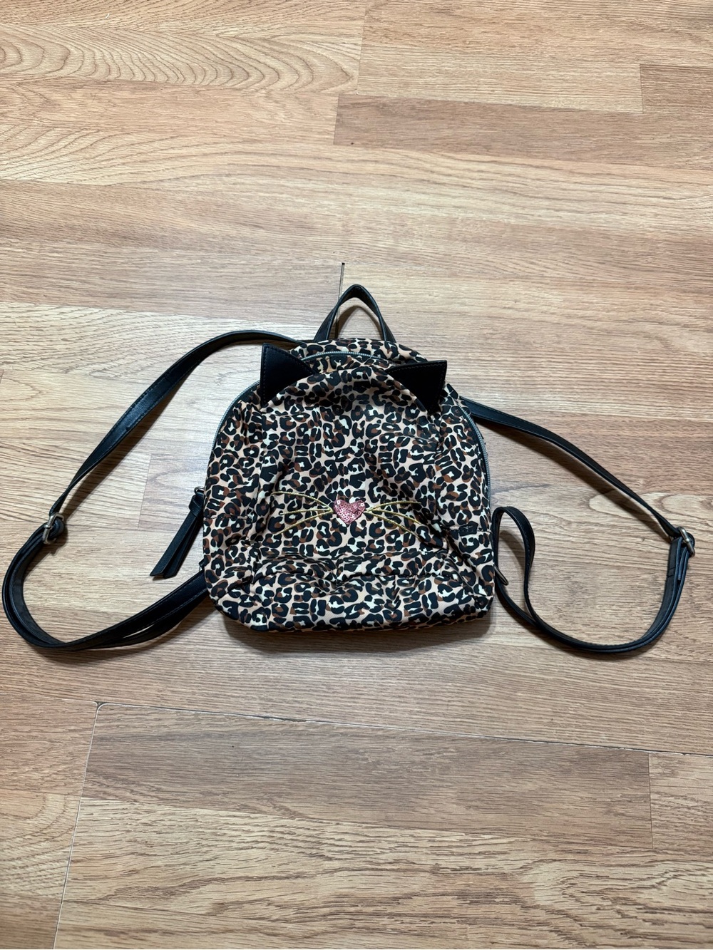 Justice Leopard Print Mini Backpack with Black Straps and Pink Heart Charm